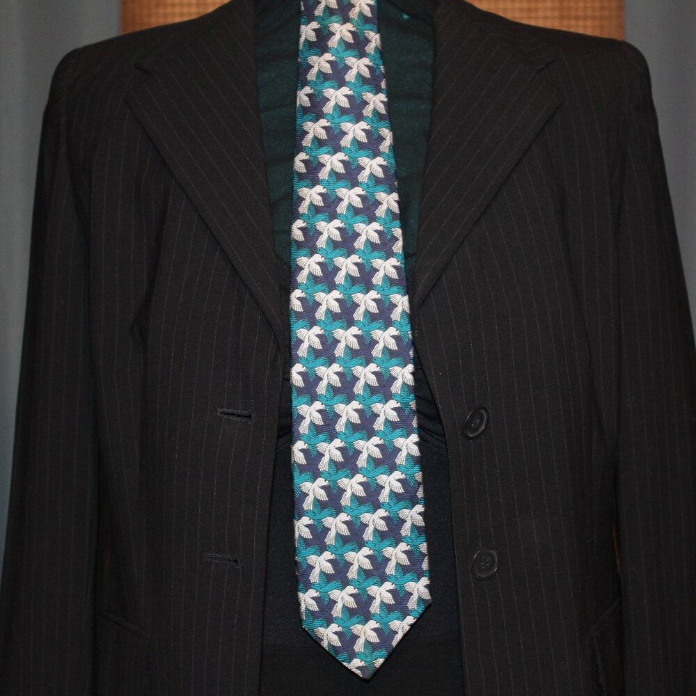 M.C. ESCHER Dove Print Silk TIE from The Boxelder Company 1989 Blue green white
